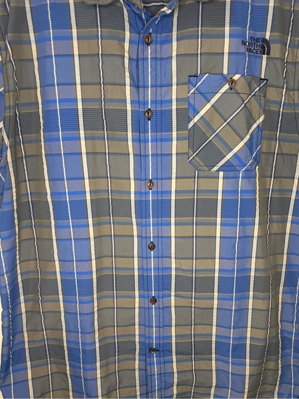 The North Face Men’s XL Plaid Short Sleeve Button-Up Hiking Shirt Blue Gray